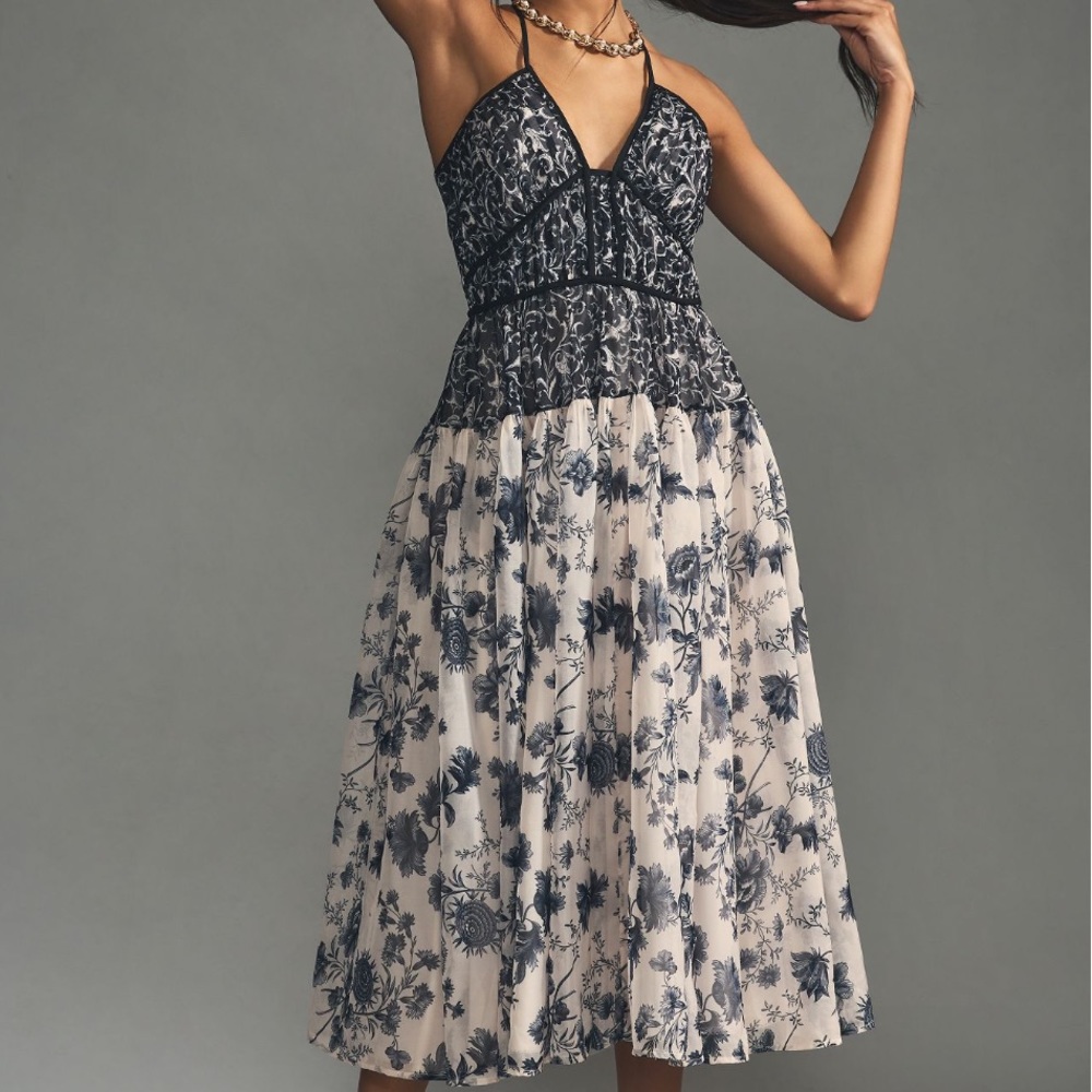 Anthropologie Navy and Cream Floral Maxi Dress
